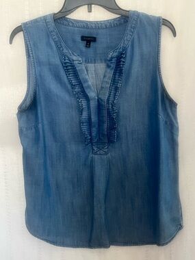 Talbots Chambray Ruffle-Trim Sleeveless V-Neck Top - Blue